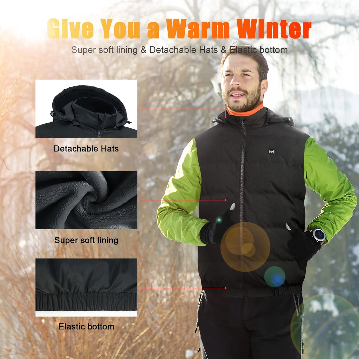 Heated Vest for Mens and Womens with 10000Mah Battery Pack, Detachable Heated Hood Heating Clothing, 3 Temperature Levels Electrically Heated Jacket, Szie XL