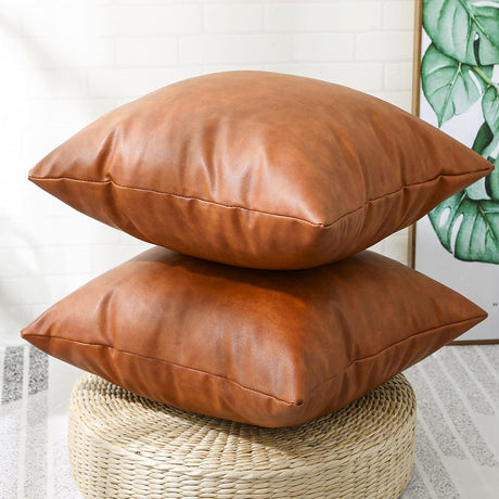 Faux Leather Farmhouse Throw Pillow Cover 22X22 Inch, Modern Country Style Decorative Throw Pillow Cover for Bedroom Living Room Sofa Brown Accent Pillows.(Full Leather 2PC, 22X22 Inch)