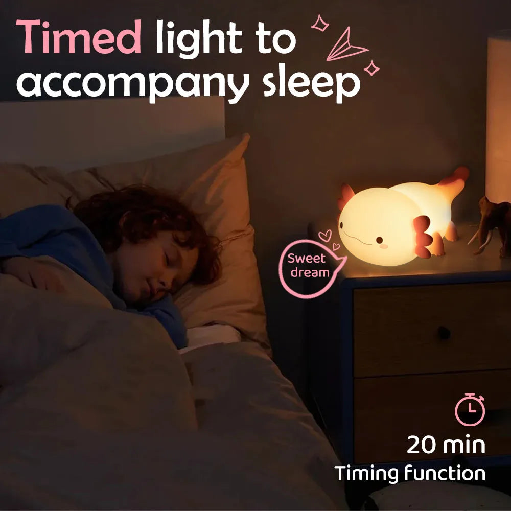 Cute Axolotl Night Light Silicone Nursery Sleeping Lamp Touch Control Nightlights USB Rechargeable Table Lamp for Baby Child