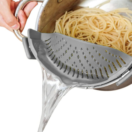 Clip on Strainer, Adjustable Heat Resistant Flexible Snap on Colander for Pasta Spaghetti Noodle Beans, Dishwasher Safe Silicone Universal Fit Straining for Kitchen Pots Pans Bowls (Grey)